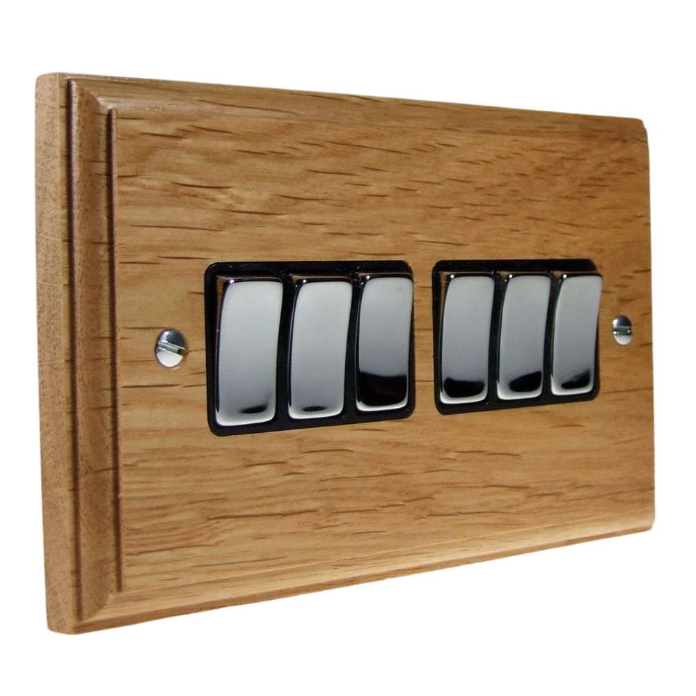 Classic Oak 6 Switch Light Switch Polished Chrome and Black