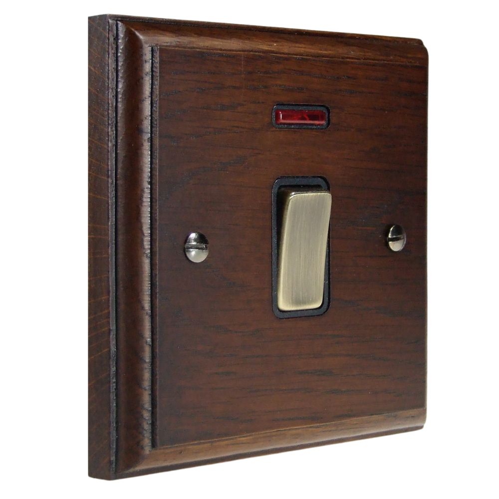 Classic Dark Oak Double Pole Light Switch with Neon Antique Brass and Black