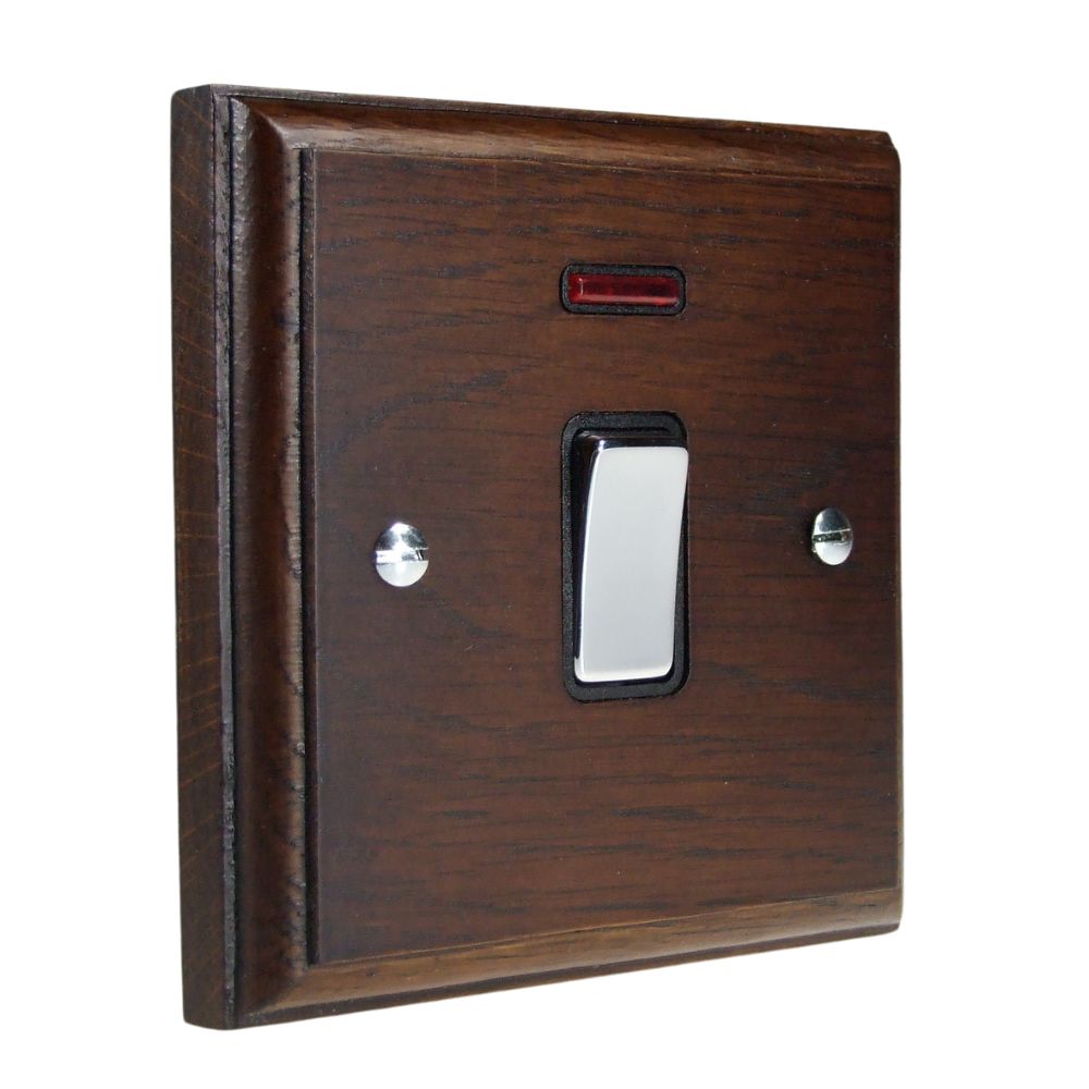 Classic Dark Oak Double Pole Light Switch with Neon Polished Chrome and Black