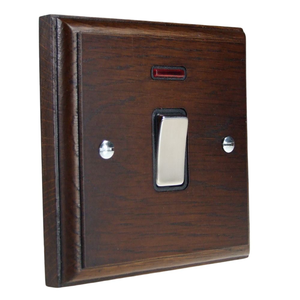 Classic Dark Oak Double Pole Light Switch with Neon Satin Stainless and Black