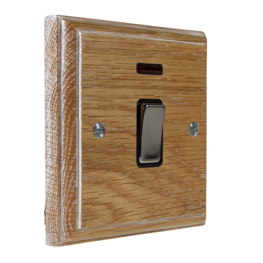 Classic Limed Oak Double Pole Switch Satin Stainless and Black with Neon