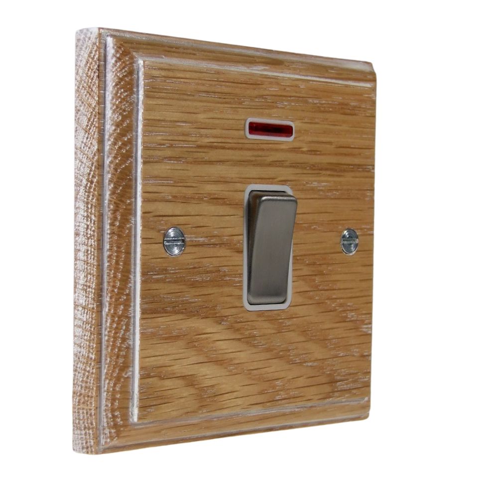 Classic Limed Oak Double Pole Switch Satin Stainless and White with Neon