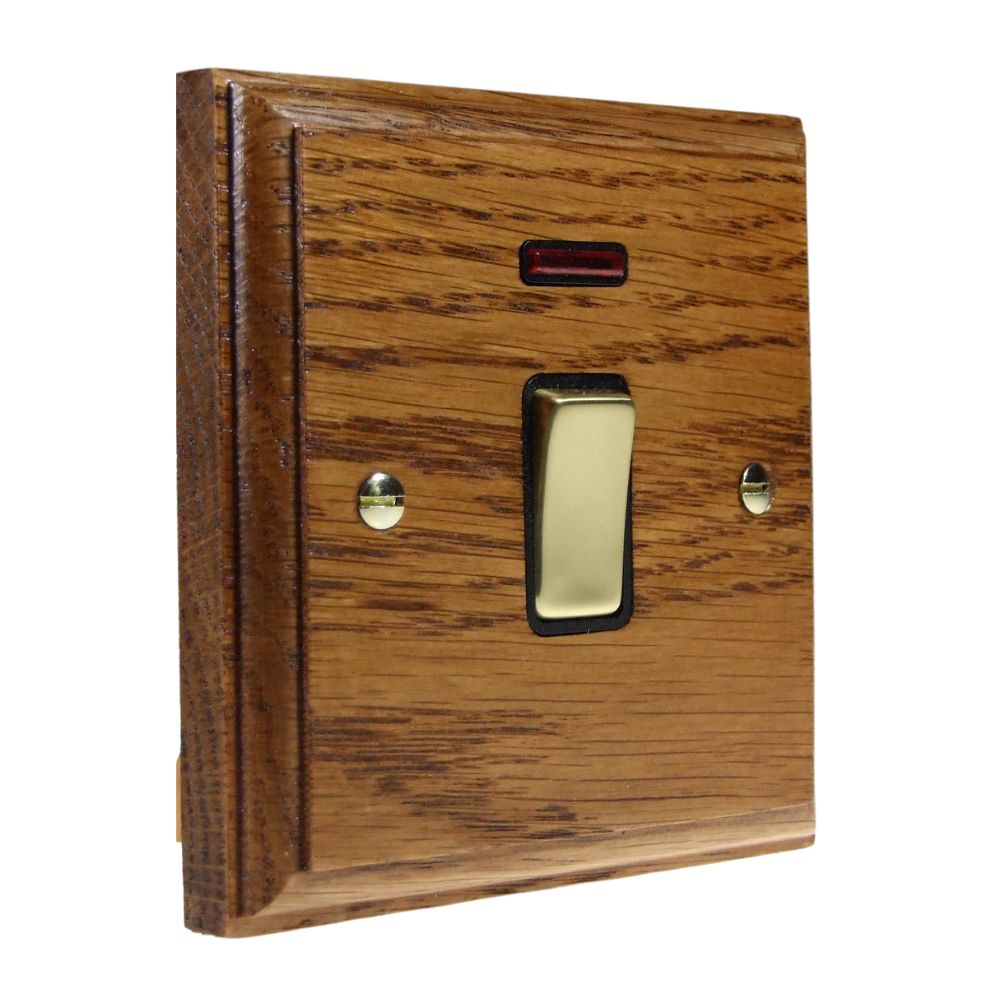 Classic Medium Oak Double Pole Light Switch with Neon Polished Brass and Black