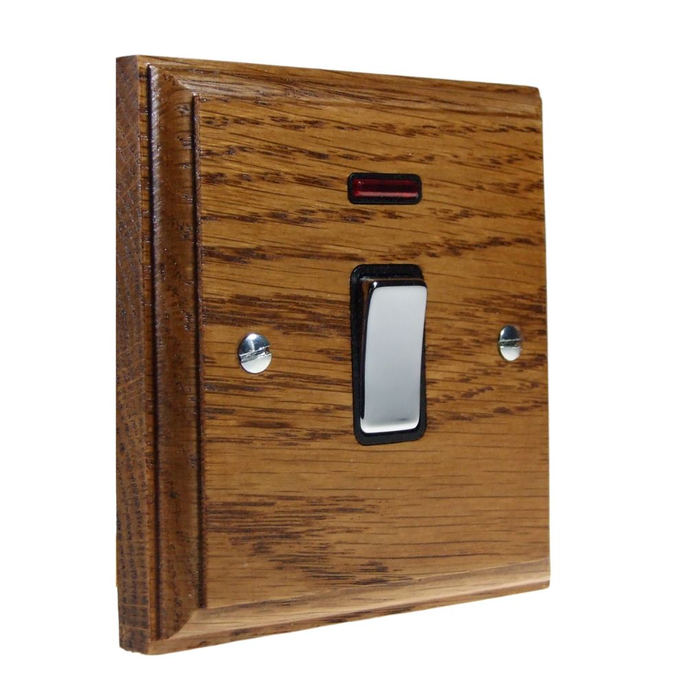 Classic Medium Oak Double Pole Light Switch with Neon Polished Chrome and Black