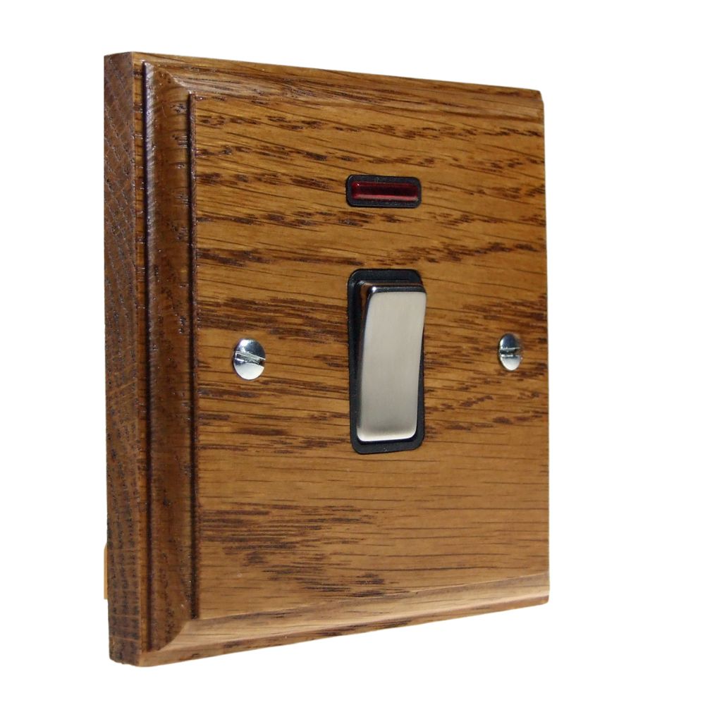 Classic Medium Oak Double Pole Light Switch with Neon Satin Stainless and Black