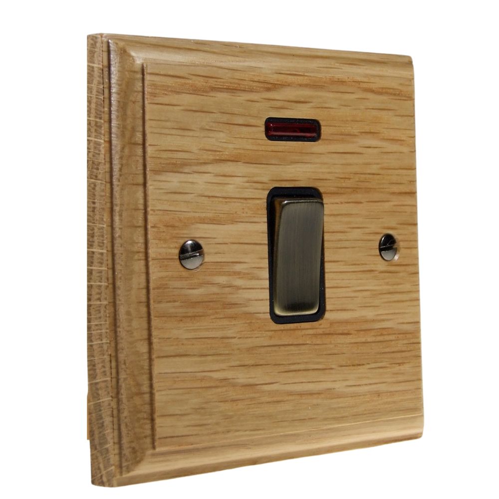 Classic Oak Double Pole Switch Antique Brass and Black with Neon
