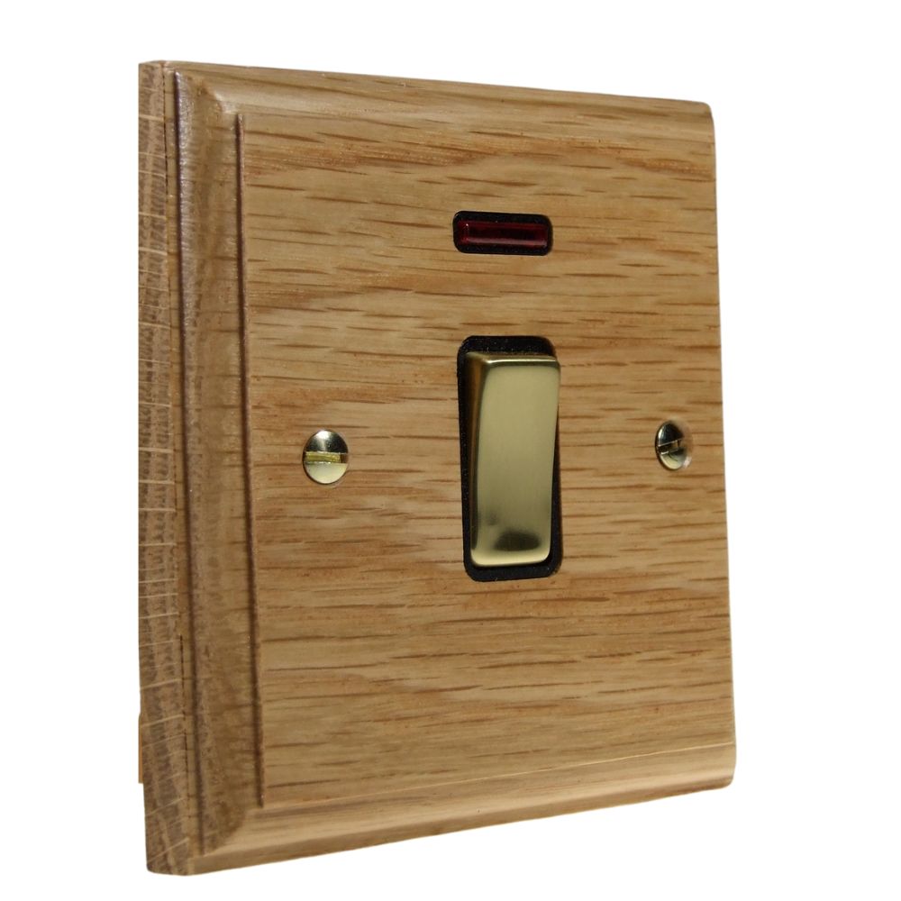 Classic Oak Double Pole Switch Polished Brass and Black with Neon