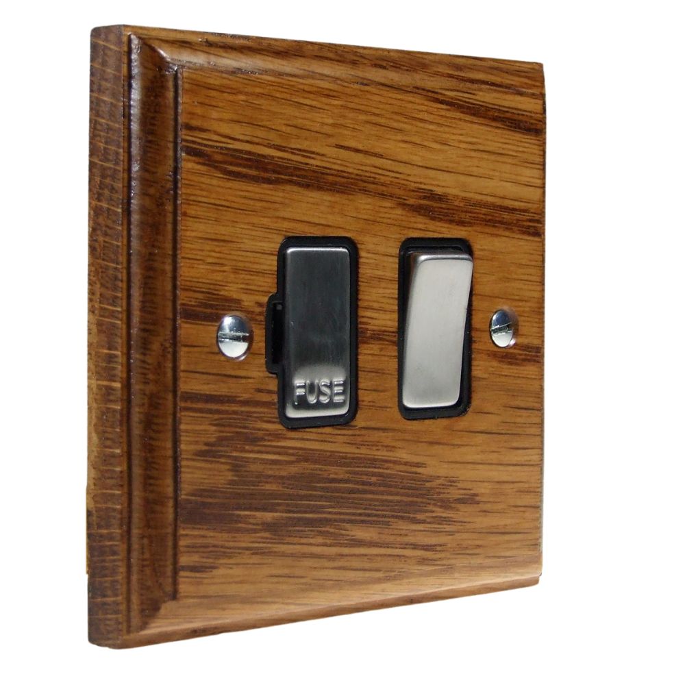 Classic Medium Oak Switch Fuse Spur Satin Stainless and Black