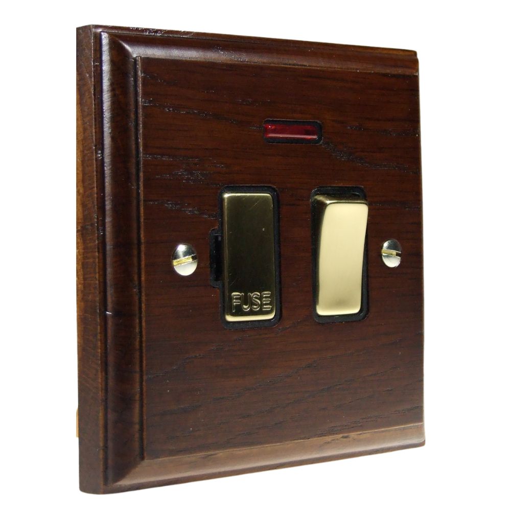 Classic Dark Oak Switch Fuse Spur Polished Brass and Black with Neon
