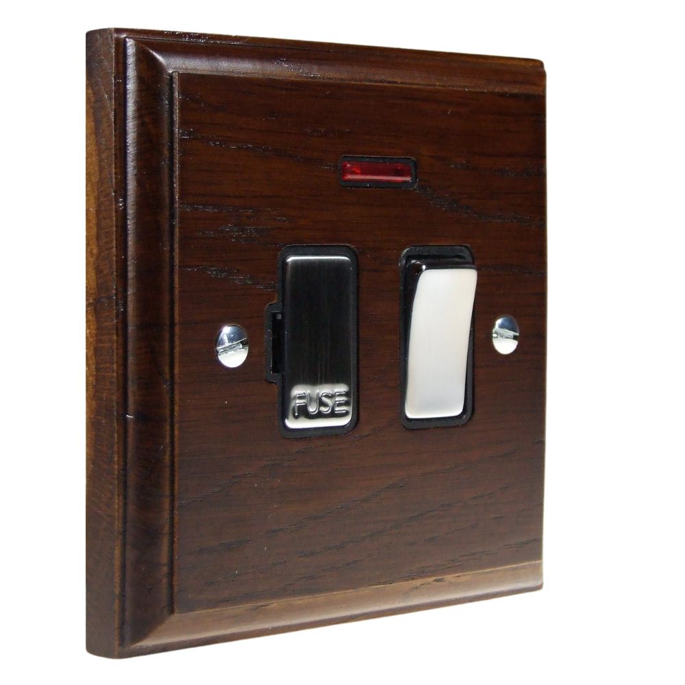 Classic Dark Oak  Switch Fuse Spur Satin Stainless and Black with Neon