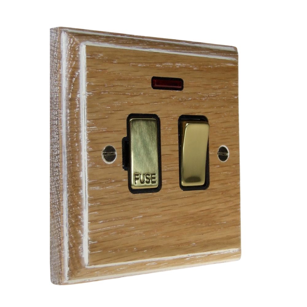 Classic Limed Oak Switch Fuse Spur Polished Brass and Black with Neon