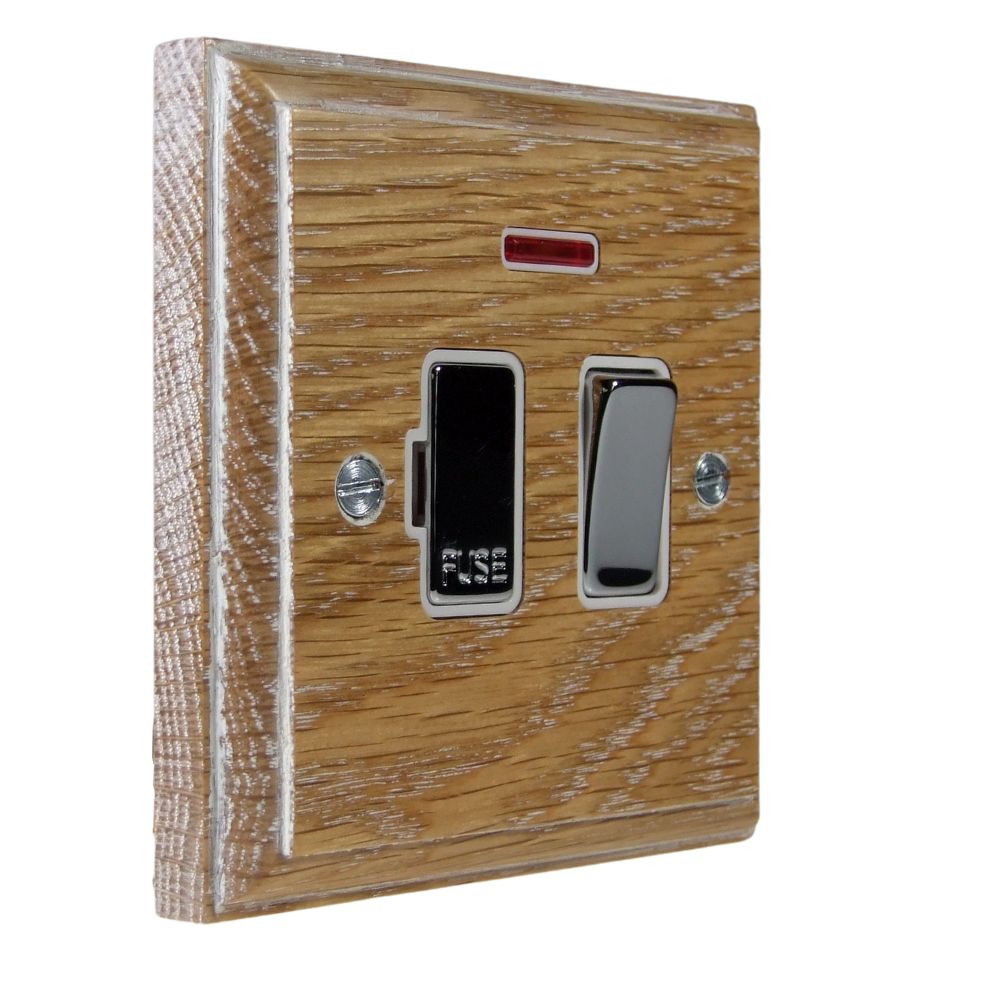 Classic Limed Oak Switch Fuse Spur Polished Chrome and White with Neon