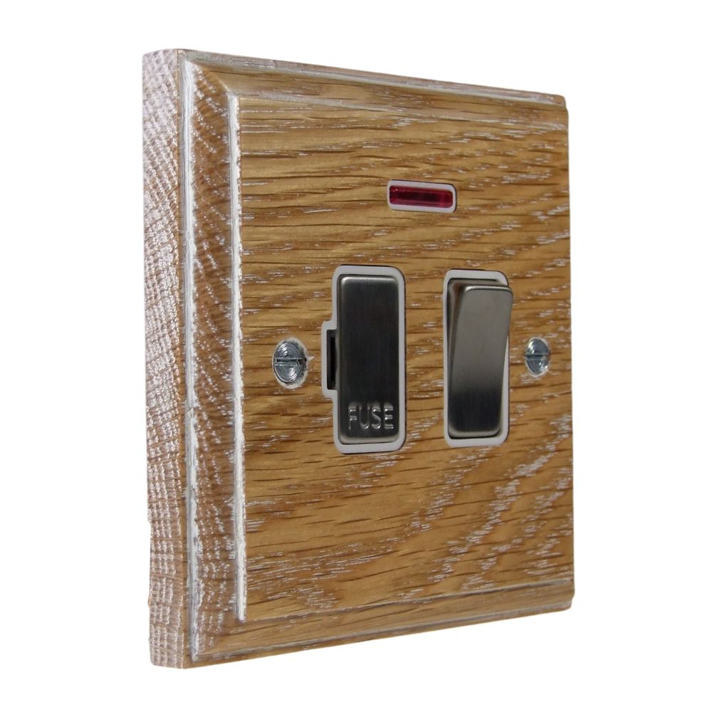 Classic Limed Oak Switch Fuse Spur Satin Stainless and White with Neon