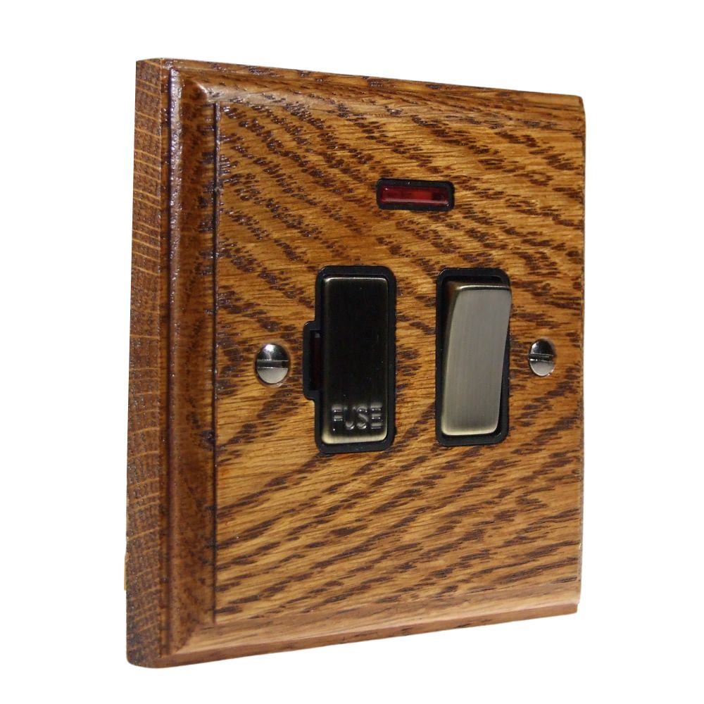Classic Medium Oak Switch Fuse Spur Antique Brass and Black with Neon
