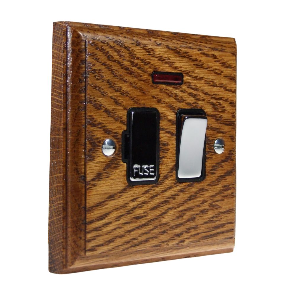 Classic Medium Oak Switch Fuse Spur Polished Chrome and Black with Neon