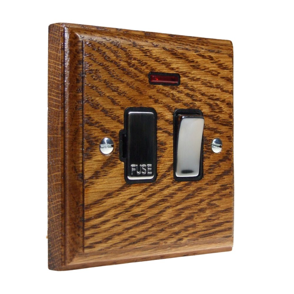 Classic Medium Oak Switch Fuse Spur Satin Stainless and Black with Neon