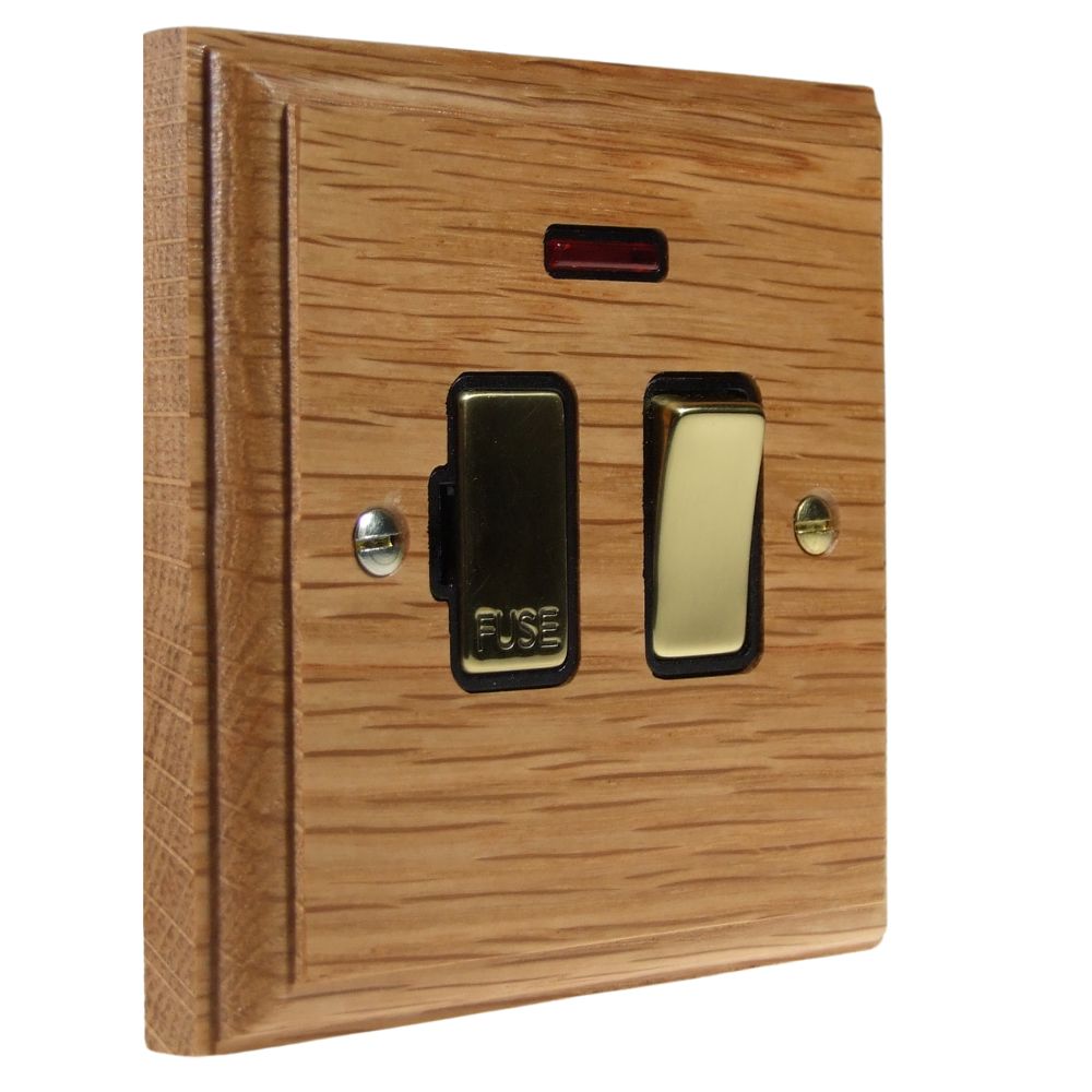 Classic Oak Switch Fuse Spur Polished Brass and Black with Neon