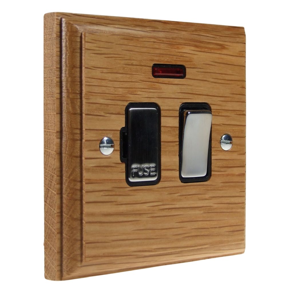 Classic Oak Switch Fuse Spur Satin Stanless and Black with Neon