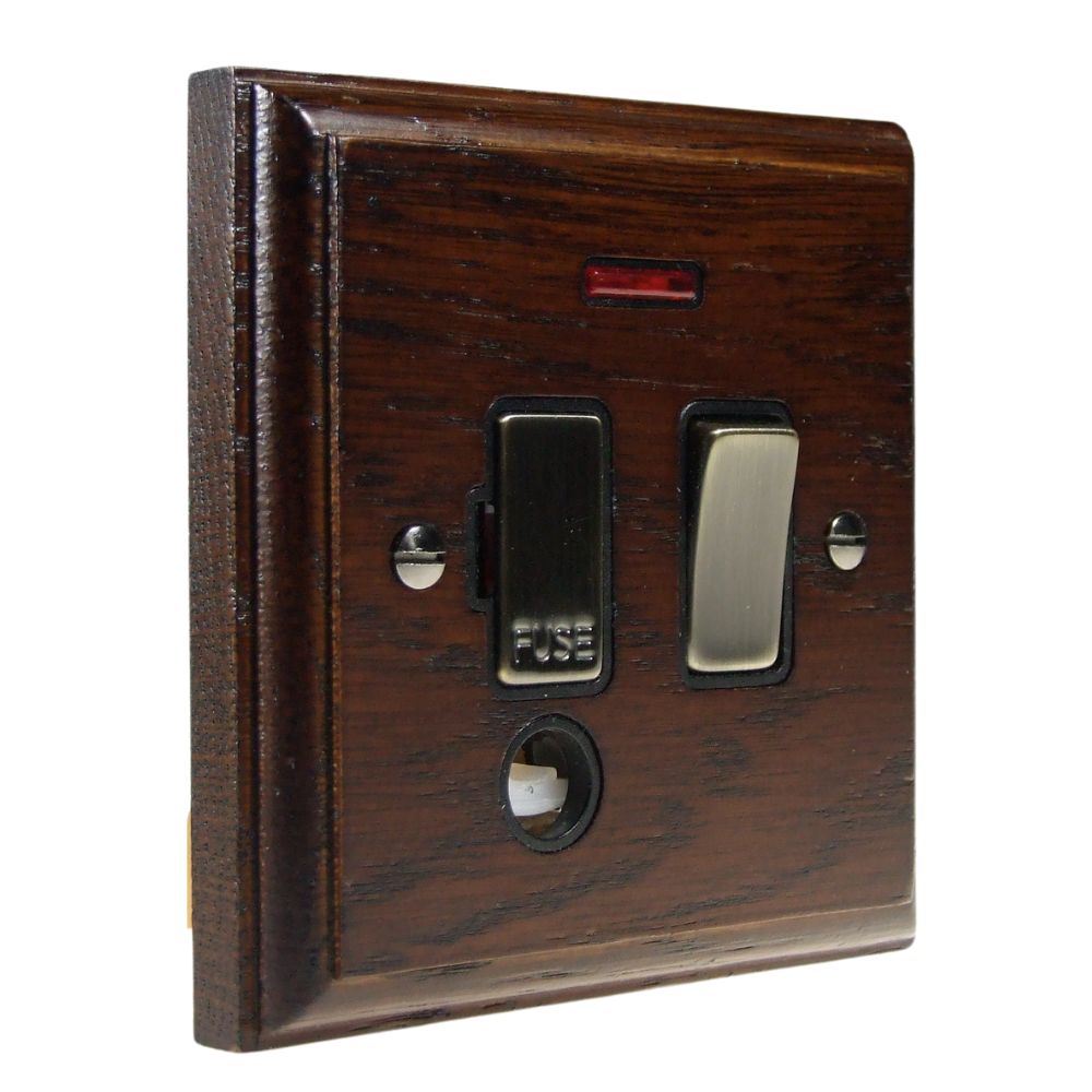 Classic Dark Oak Switch Fuse Spur Antique Brass and Black with Neon and Cord Outlet