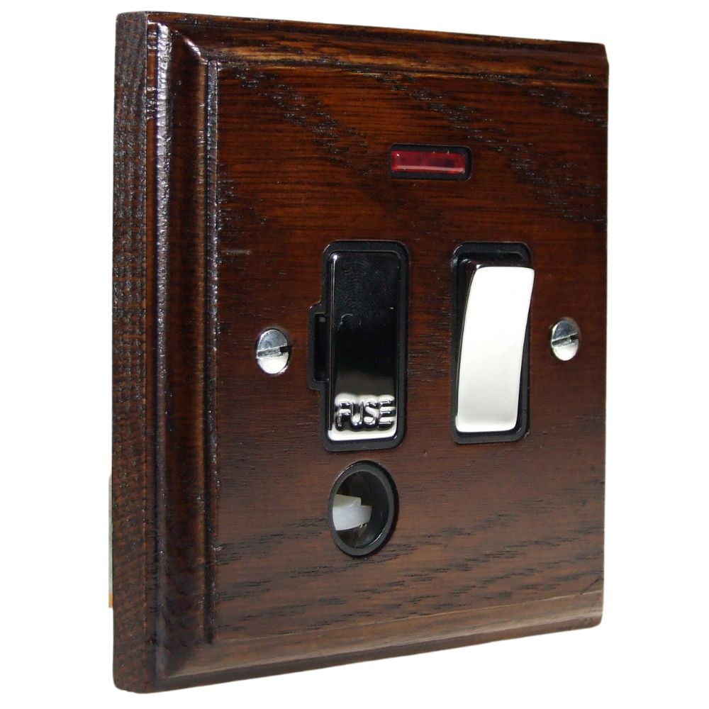 Classic Dark Oak Switch Fuse Spur Polished Chrome and Black with Neon and Cord Outlet