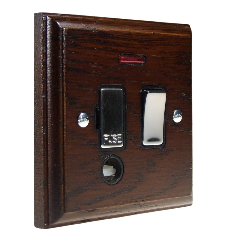 Classic Dark Oak Switch Fuse Spur Satrin Stainless and Black with Neon and Cord Outlet