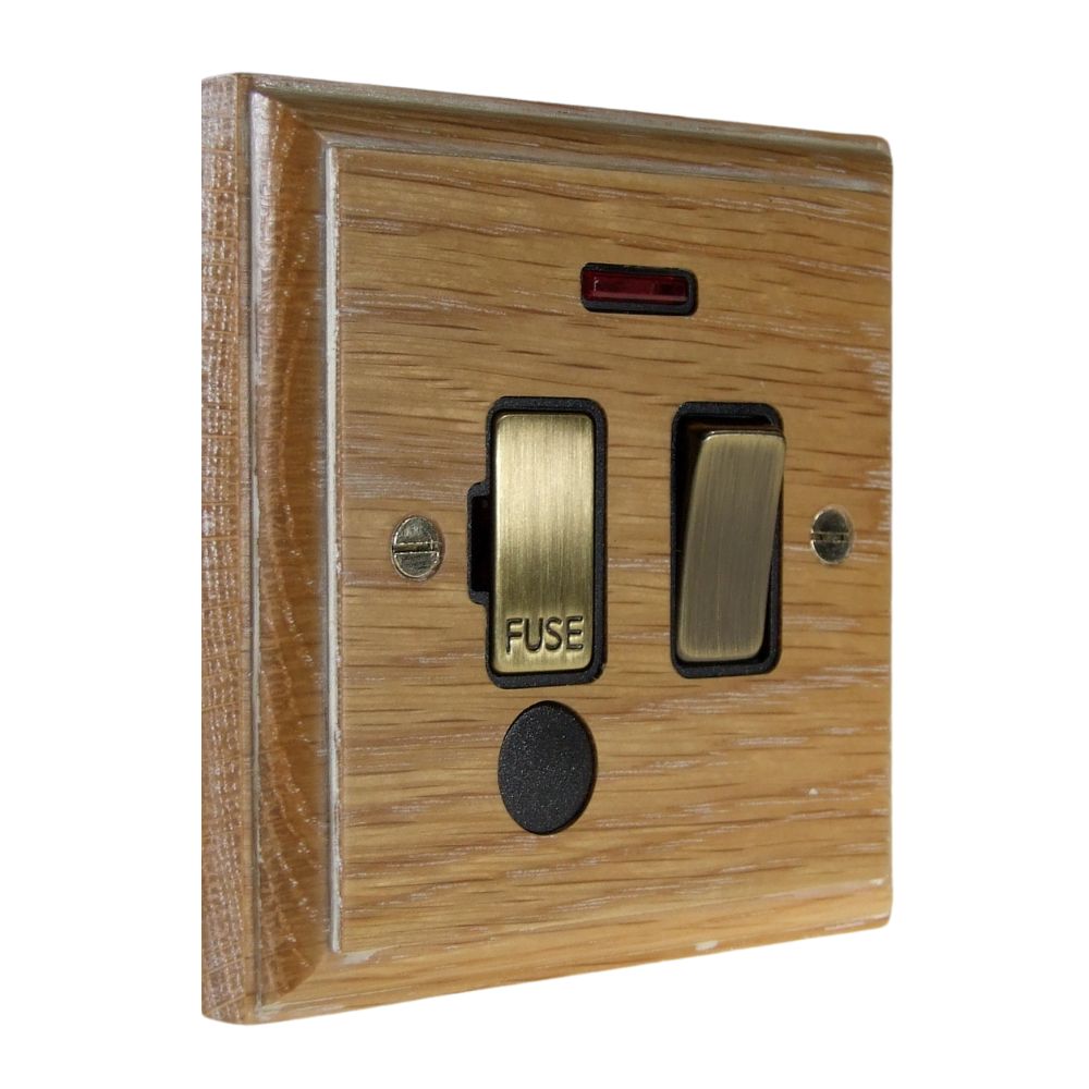 Classic Limed Oak Switch Fuse Spur Antique Brass and Black with Neon and Cord Outlet