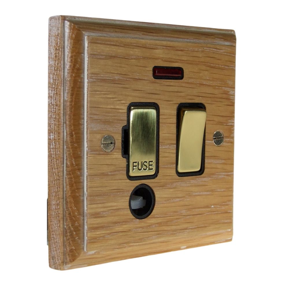 Classic Limed Oak Switch Fuse Spur Polished Brass and Black with Neon and Cord Outlet