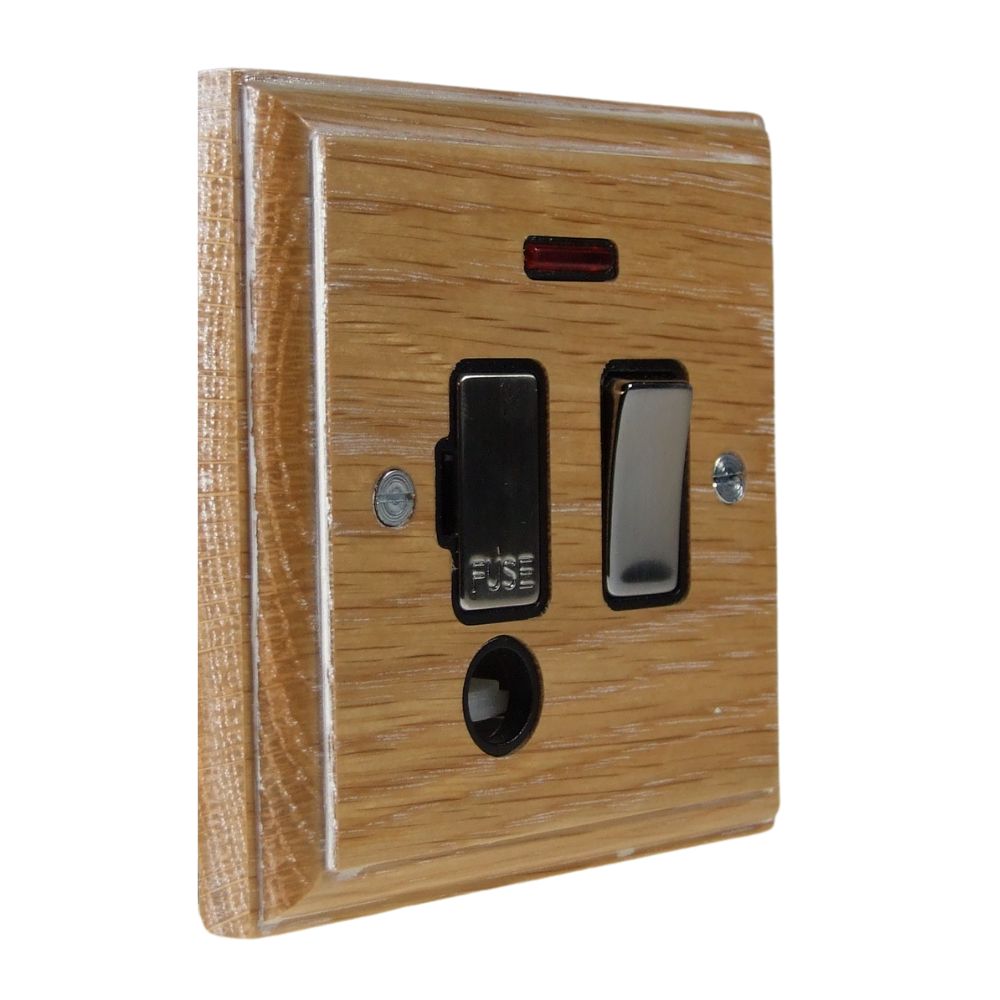 Classic Limed Oak Switch Fuse Spur Polished Chrome and Black With Neon and Cord Outlet