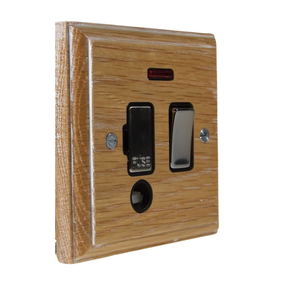 Classic Limed Oak Switch Fuse Spur Satin Stanless and Black with Neon and Cord Outlet