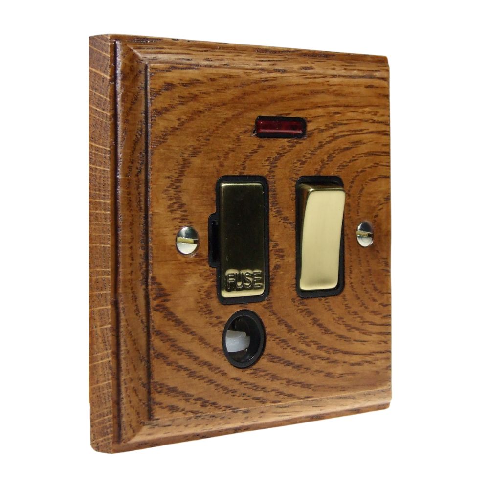 Classic Medium Oak Switch Fuse Spur polished Brass and Black with Neon and Cord Outlet