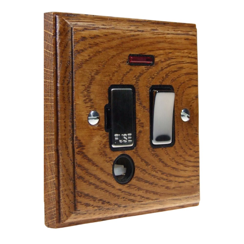 Classic Medium Oak Switch Fuse Spur Polished Chrome and Black with Neon and Cord Outlet