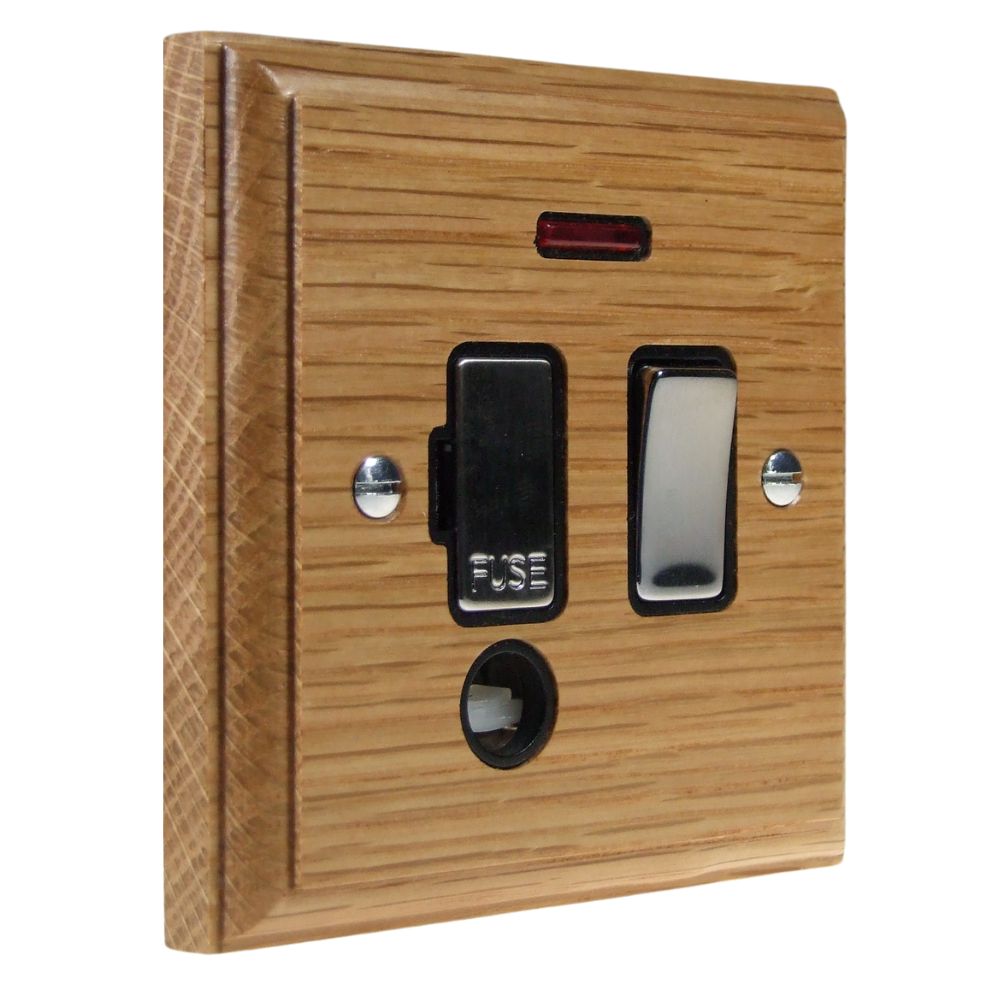 Classic Oak Switch Fuse Spur Satin Stanless and Black with Neon and Cord Outlet