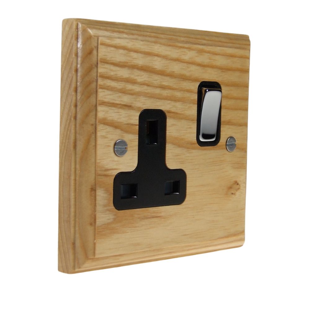 Classic Ash Single Switched Socket Polished Chrome and Black