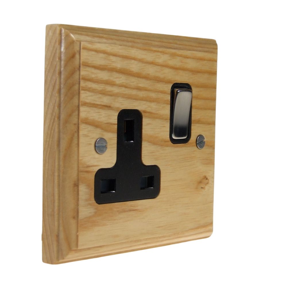 Classic Ash Single Switched Socket Satin Stainless and Black