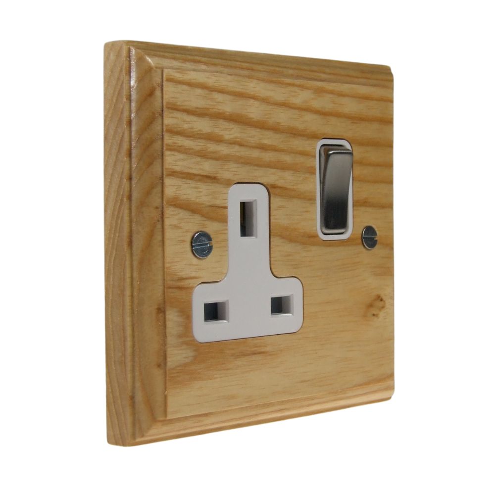 Classic Ash Single Switched Socket Satin Stainless and White