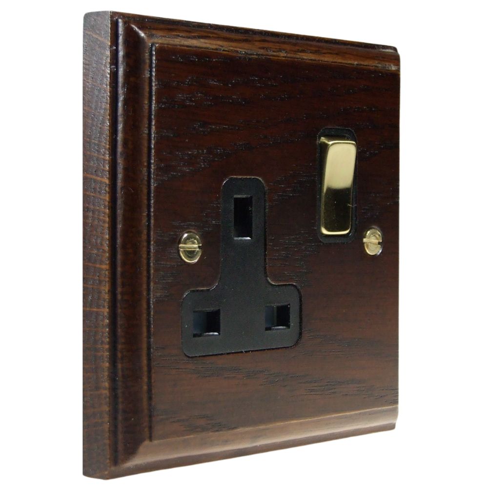 Classic Dark Oak Single Switched Socket Polished Brass and Black
