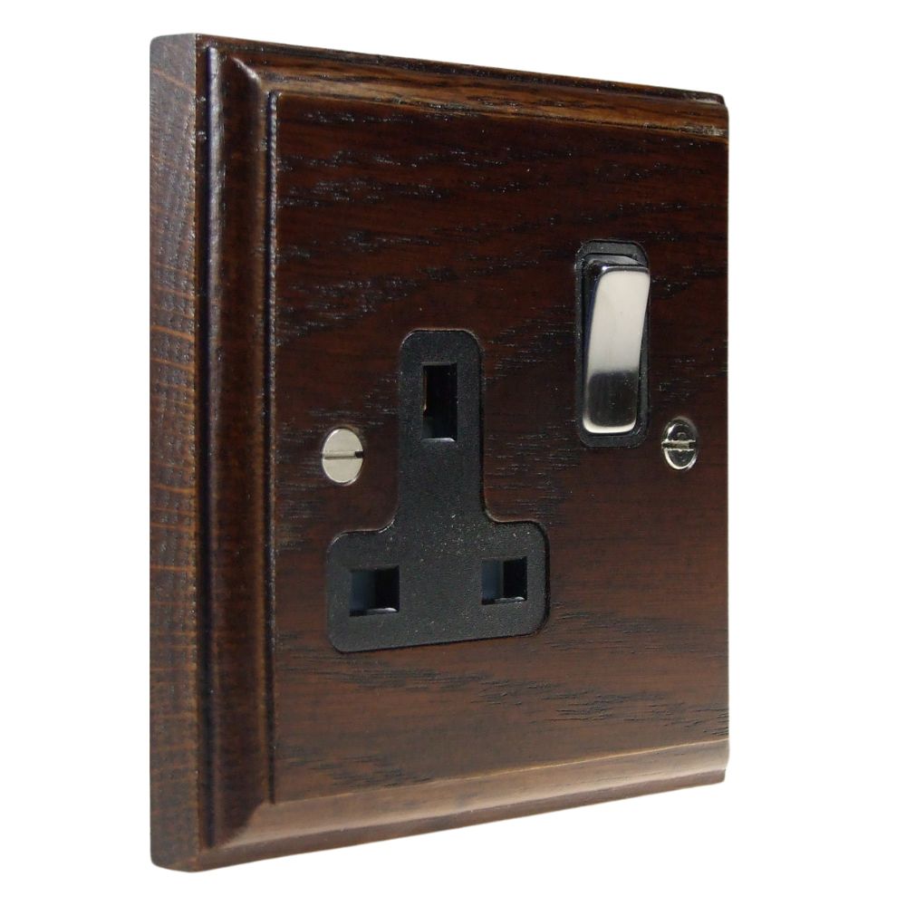 Classic Dark Oak Single Switched Socket Satin Stainless and Black
