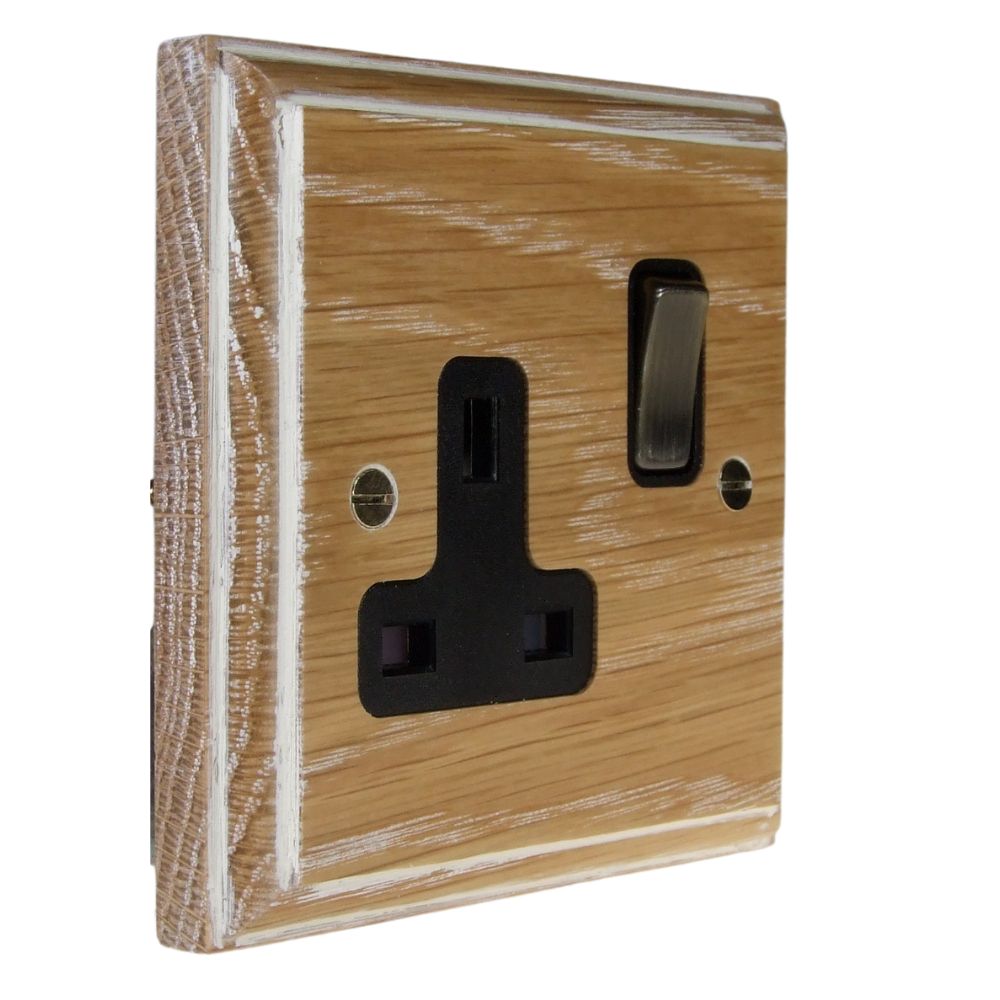 Classic Limed Oak Single Switched Socket Antique Brass and Black