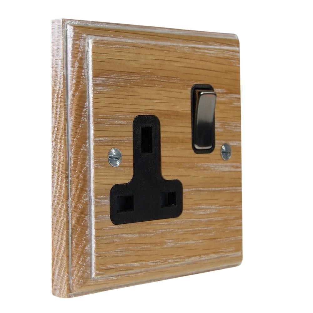 Classic Limed Oak Single Switched Socket Polished Chrome and Black