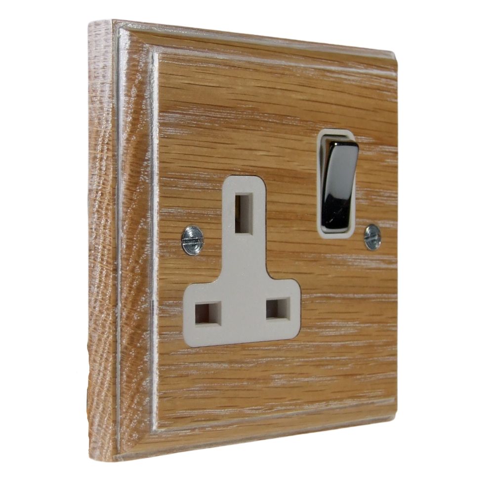 Classic Limed Oak Single Switched Socket Polished Chrome and White