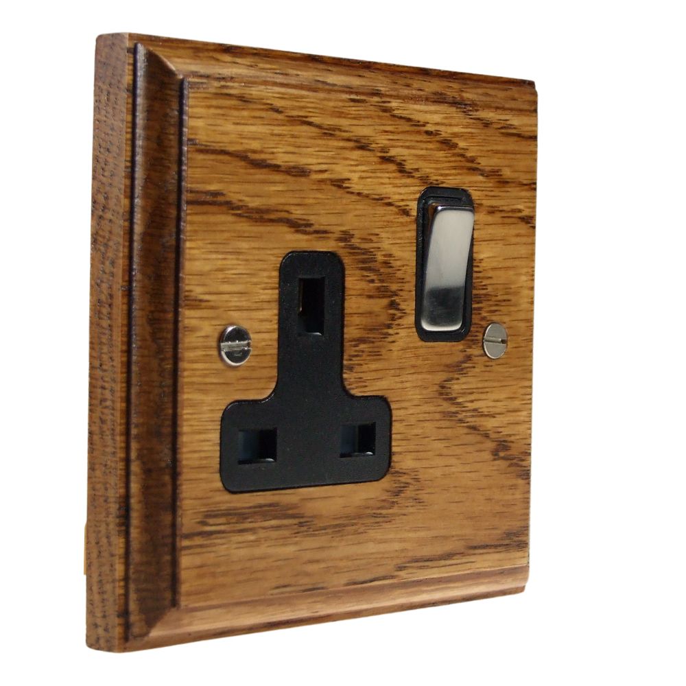 Classic Medium Oak Single Switched Socket Satin Stainless and Black