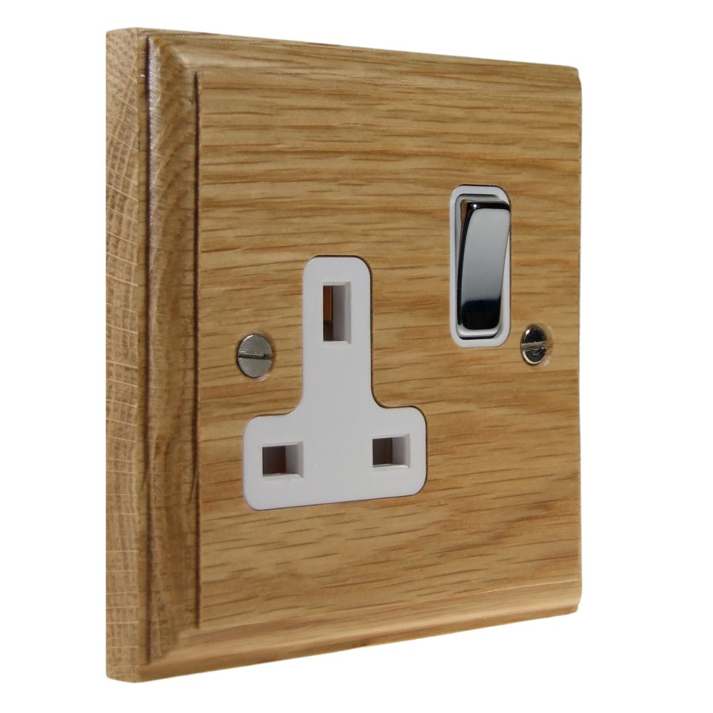 Classic Oak Single Switched Socket Polished Chrome and White