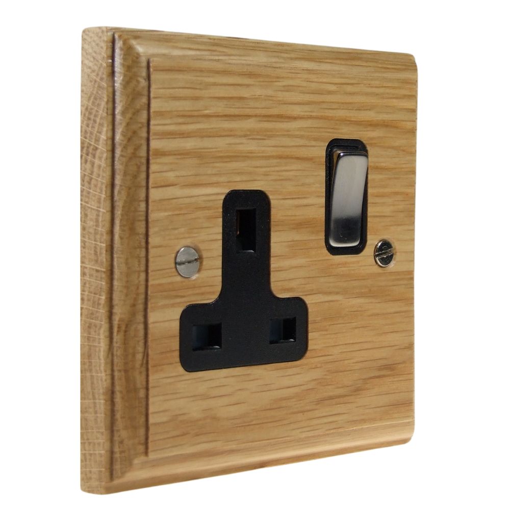 Classic Oak Single Switched Socket Satin Stainless and Black
