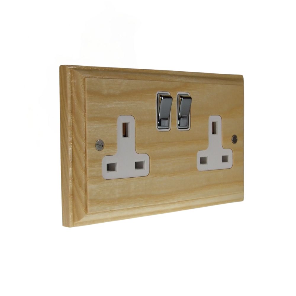 Classic Ash Double Switched Socket Polished Chrome and White