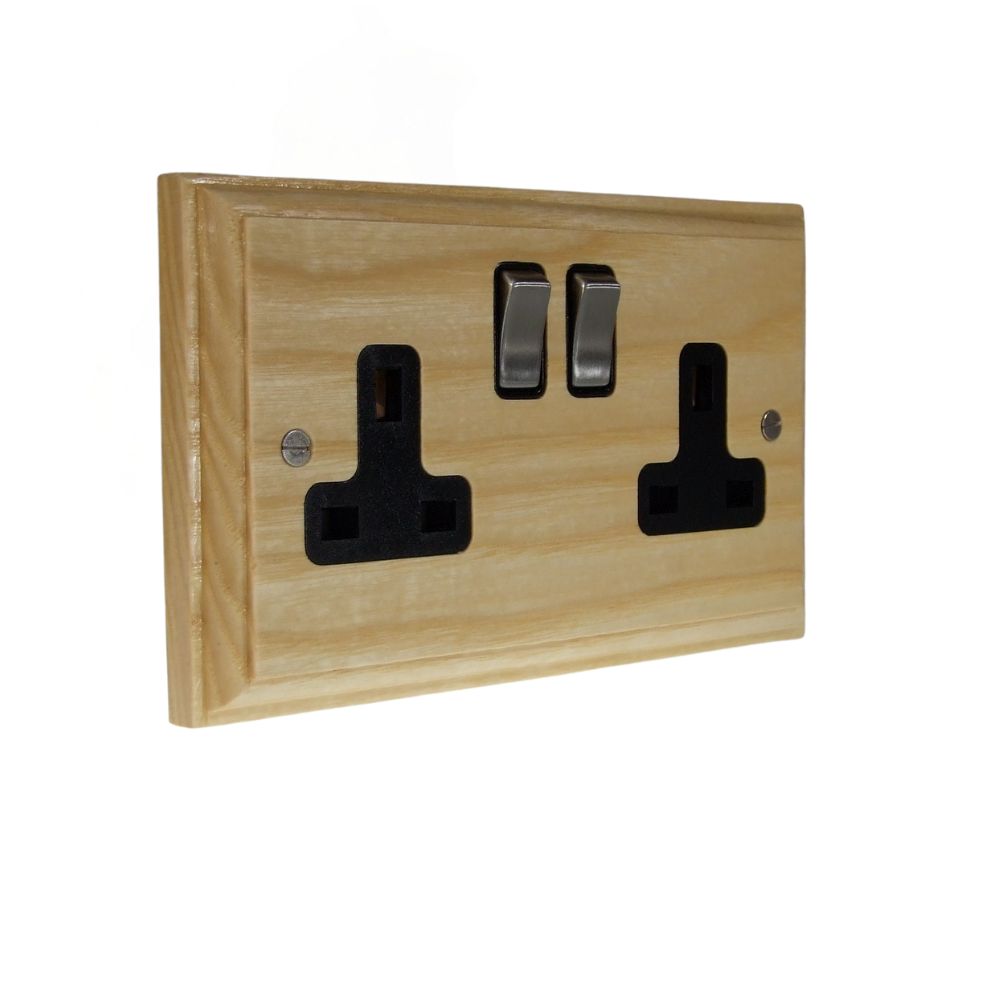 Classic Ash Double Switched Socket Satin Stainless and Black
