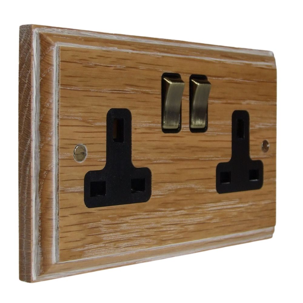 Classic Limed Oak Double Switched Socket Antique Brass and Black
