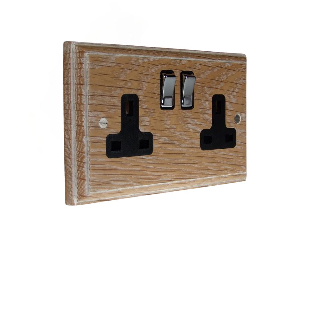 Classic Limed Oak Double Switched SocketPolished Chrome and Black