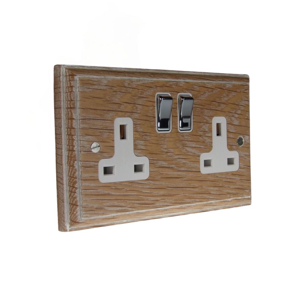 Classic Limed Oak Double Switched Socket Polished Chrome and White