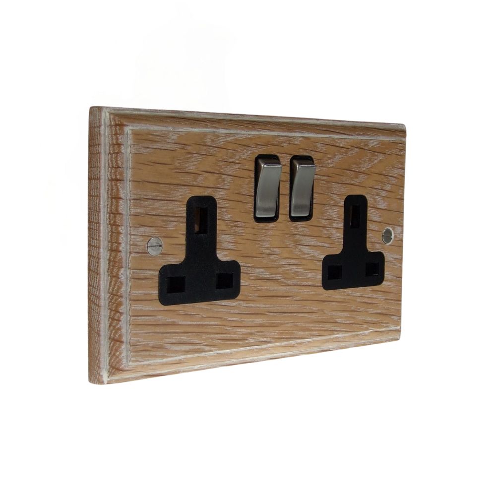 Classic Limed Oak Double Switched Socket Satin Stainless and Black