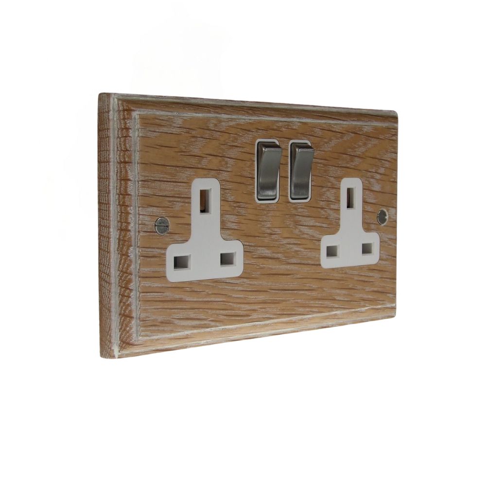 Classic Limed Oak Double Switched Socket Satin Stainless and White